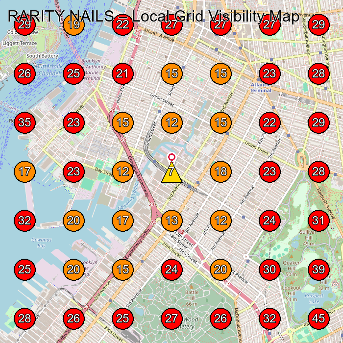 RARITY NAILS GeoGrid visibility map for Nail Salon in Brooklyn
